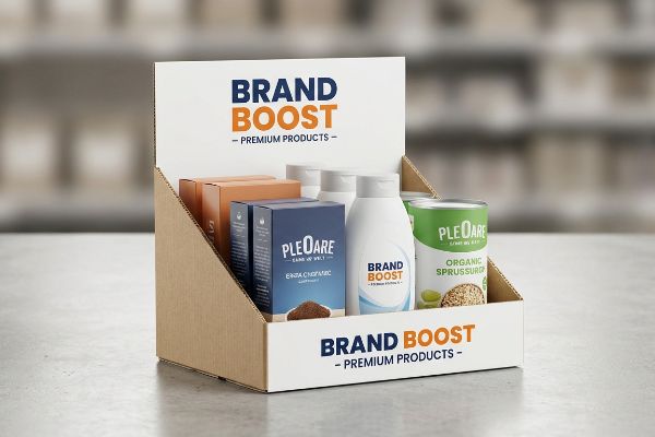 Sur un comptoir de vente au détail, un plateau Brand Boost PDQ présente des boîtes Pleoare, de la lotion Brand Boost et des canettes de Sprussuro biologique.