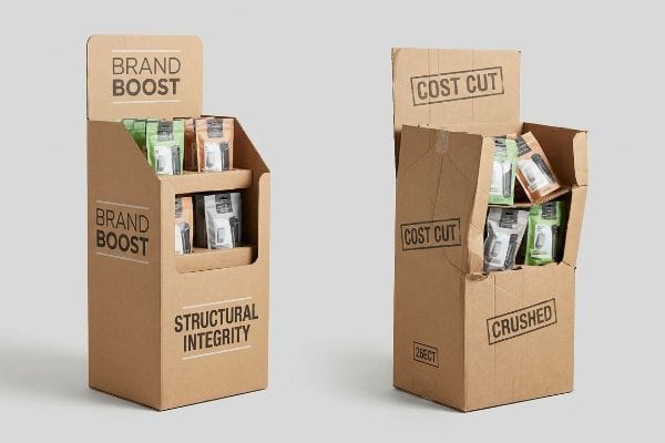 Brand Boost Display Integrity Sturdy corrugated cardboard point-of-sale display with "Brand Boost" and "Structural Integrity" text, showcasing neatly arranged product pouches.