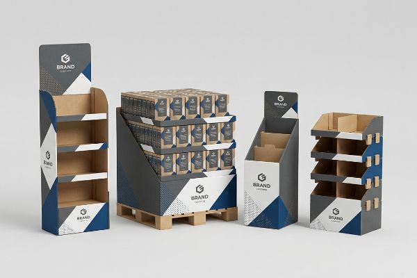 Cardboard Brand displays: a floor merchandiser, a loaded pallet display, and two countertop units, all with blue and gray geometric patterns.