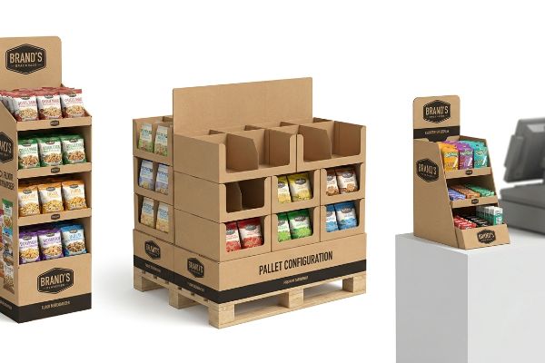 Kraft cardboard displays feature Brand's floor merchandiser, pallet configuration, and countertop unit with snack bags.