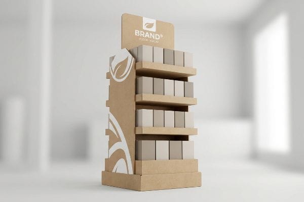 Ein mehrstufiges Bodendisplay aus Kraftpapier mit vier Regalböden bietet Platz für Produktkartons