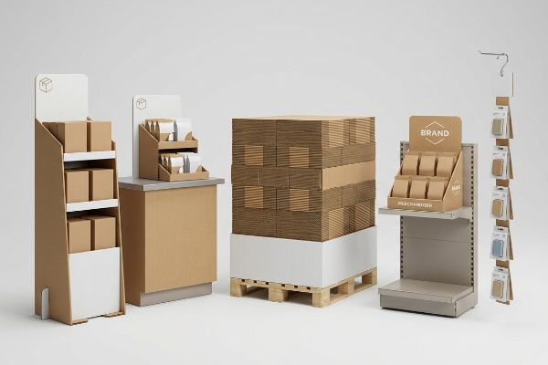 Kraft cardboard retail displays: a floor stand, countertop unit, pallet build of flat sheets, a shelf merchandiser with 'Brand' and 'Merchandiser' text, and a hanging clip strip.
