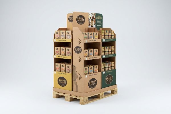 Cardboard pallet display featuring Brand Reserve Cranberry Pastries, Caramel Pecans, and Simple Grain Treats on a wooden pallet.