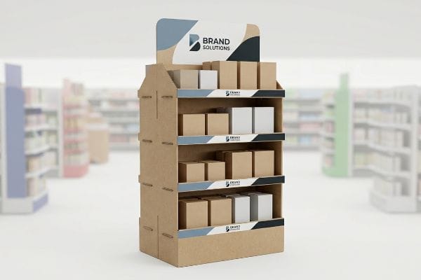A custom Brand Solutions cardboard POS display stand with three shelves, filled with brown and white product boxes in a retail aisle.
