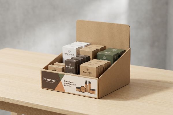 A corrugated cardboard countertop POP display features Brandand products in white, brown, and green boxes, promoting custom printed products.