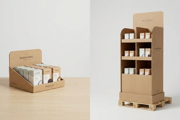 Brandands PDQ POP Displays Brown corrugated cardboard Brandands PDQ counter display filled with small product boxes on a wooden table, next to a tall Brandands POP floor display on logistics pallets.