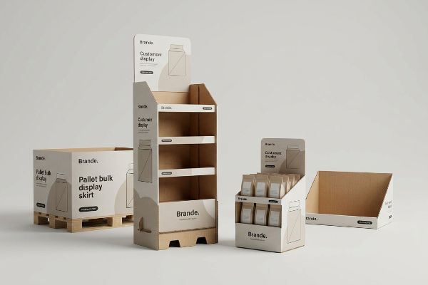 Brande. Customer Display floor unit, Pallet Bulk Display Skirt, and Cold Weight Display countertop merchandiser.