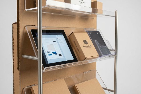 Retail display rack showcases a tablet running design software, Brand Name boxes, and corrugated cardboard packaging on clear acrylic shelves.