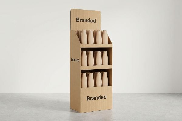 A retail setting features a brown corrugated cardboard POP display with three shelves, each holding light beige unbranded bottles, prominently displaying