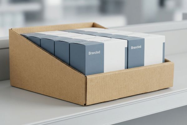The PDQ tray, made of corrugated cardboard, holds several white and blue 