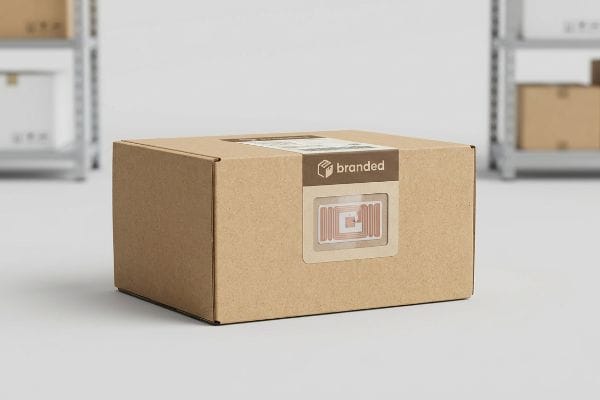 A brown cardboard shipping box features a 