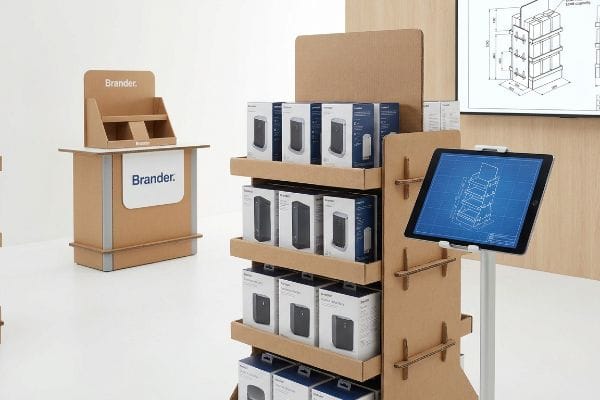 Retail environment featuring Brander corrugated cardboard product displays and a tablet showing a custom fabrication blueprint.