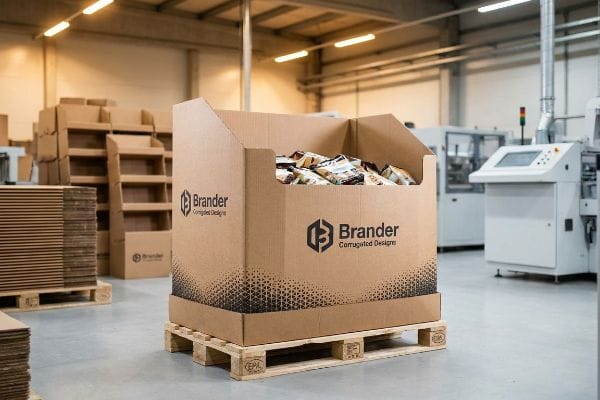 Un bac de déchargement Brander Corrugated Designs, rempli de produits emballés, repose sur une palette EPAL dans un entrepôt, illustrant le merchandising de détail.