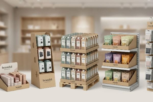 Kraft paper and metal Brandid POS systems, showcasing countertop, floor stand, pallet, shelf trays, and hang tab displays.