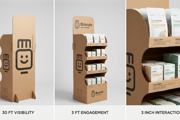 Brown cardboard Brando retail display unit showcasing 30 Ft Visibility, 3 Ft Engagement, and 3 Inch Interaction with various products like Clavo Restidge.