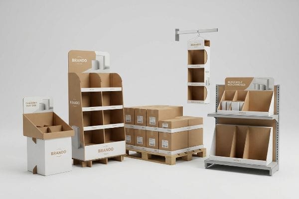 Brown and white Brando corrugated displays: free-standing floor unit, checkout tray, hanging sidekick, mini shelf merchandiser, and pallet boxes.