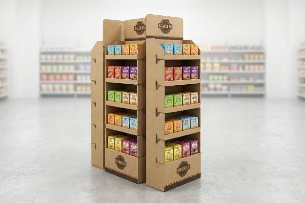 A retail store features a two-sided corrugated cardboard display unit, branded 'Brando', showcasing colorful product boxes for impulse purchases.