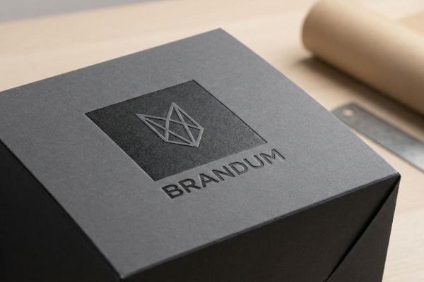 Matte dark grey packaging box featuring a debossed Brandum logo and text, highlighting premium tactile finish.