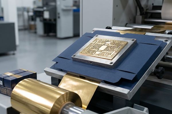 A foil stamping machine applies gold foil to dark blue substrate using a brass die with an intricate design for luxury metallic packaging.