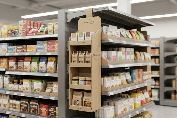 Hanging from a metal shelf in a grocery aisle, a multi-tiered brown cardboard sidekick point of purchase display showcases Envolvement, Brindille, and Branche-Village packaged goods.