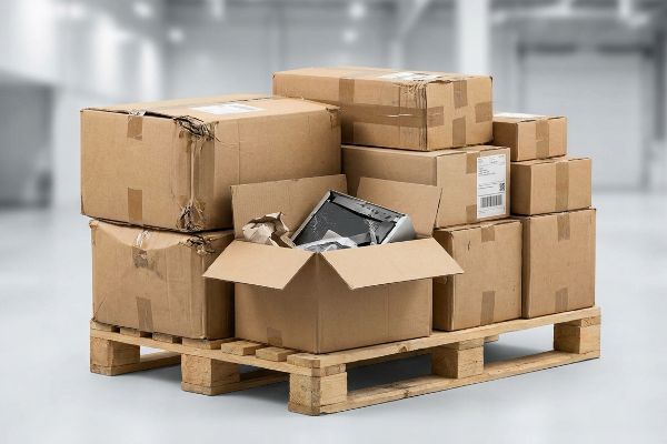 Damaged brown cardboard boxes on a wooden pallet, one open revealing a broken electronic item, symbolizing reverse logistics and returned goods.