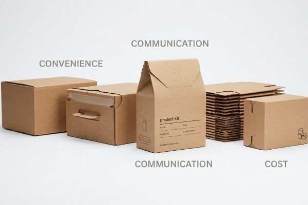 Brown corrugated cardboard boxes and flat sheets visually represent packaging's 4 C's: Convenience, Communication, and Cost.