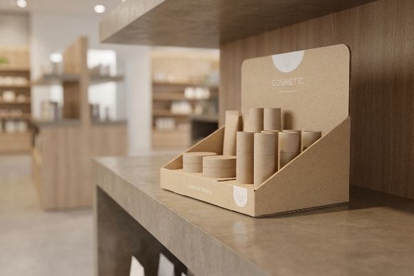 Présentoir de point de vente présentant des emballages cosmétiques en carton brun naturel sur le comptoir d'un magasin.