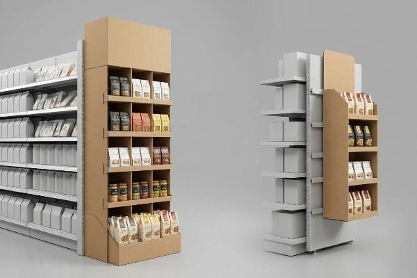 Cardboard Endcap Display Brown corrugated cardboard endcap display, fully stocked with diverse branded packaged food products like coffee bags and jars, at a white retail aisle's end.