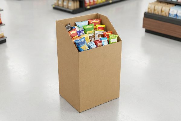Colorful snack bags fill a brown cardboard dump bin, strategically placed in a retail aisle for impulse purchases.