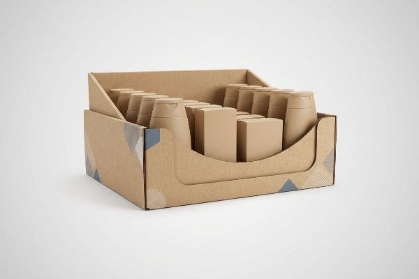 Brown POP Display Box Brown corrugated cardboard point-of-purchase display box, filled with brown product bottles and smaller boxes, featuring a geometric pattern.