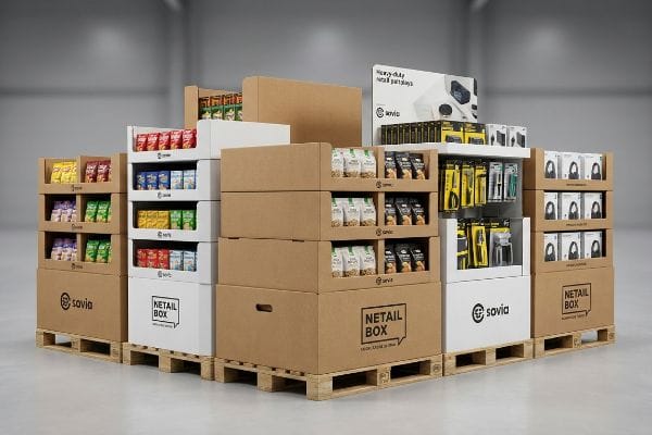 Varios expositores de palets de cartón corrugado de alta resistencia, con las marcas Sovia y Netai Box, llenos de aperitivos, frutos secos y aparatos electrónicos, reposan sobre palets de madera.