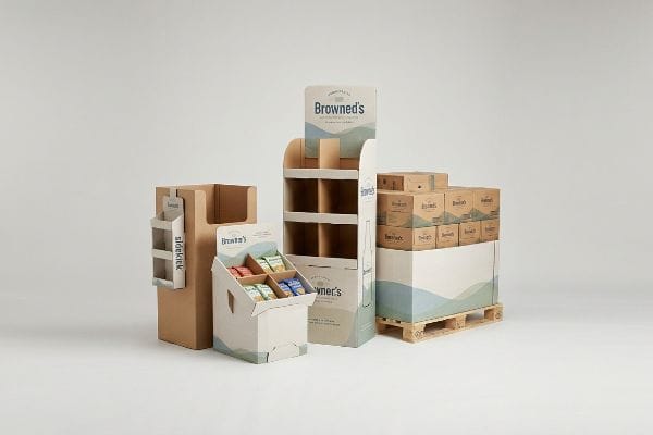 Browned's branded cardboard retail displays, featuring a sidekick, a countertop unit with products, an empty floor display, and a pallet display with blue-green wave graphics.