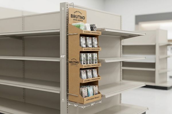 Corrugated BRUTNO sidekick display, 48x14 inches, featuring Double Wall Herb Deodorant and consumer goods on retail shelving.