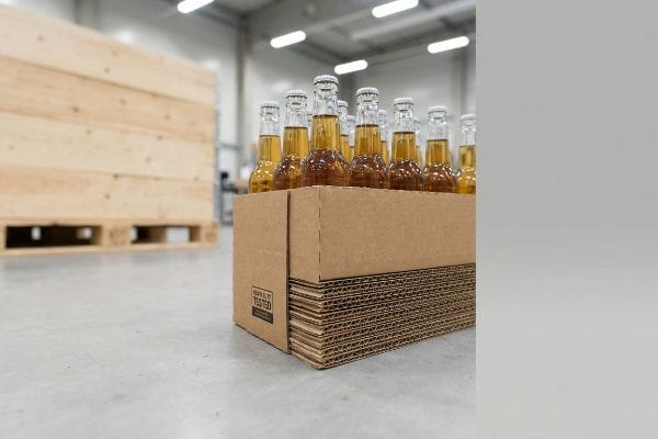 In a warehouse, a 'Built To Be Tested' double-wall corrugated box with amber beverage bottles, robust liquid packaging.
