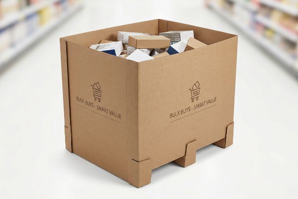 Brown corrugated cardboard dump bin, filled with assorted retail products, prominently displays 'Bulk Buys - Smart Value' in a store aisle.