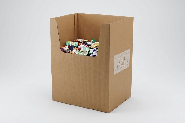 A corrugated cardboard dump bin display filled with colorful bulk merchandise, labeled 'Bulk Merchandise' on its side.