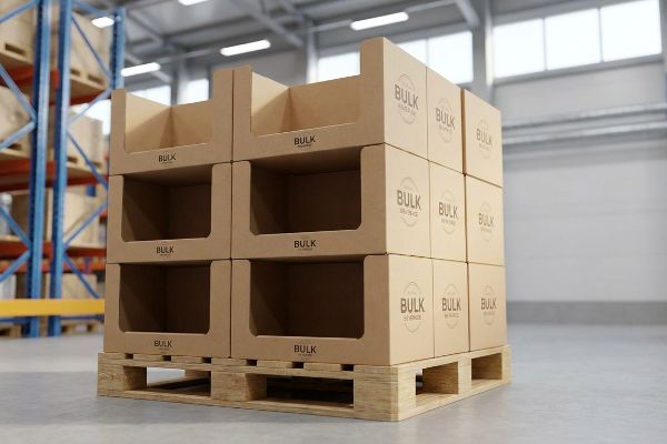 Kraft corrugated cardboard display boxes with 'Bulk' branding, designed for 4-sided shop-through access on a wooden pallet in a warehouse.
