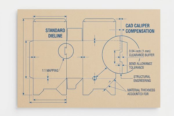Kraft blueprint: Standard Dieline vs. CAD Caliper Compensation, with 1mm clearance buffer, bend allowance, structural engineering.
