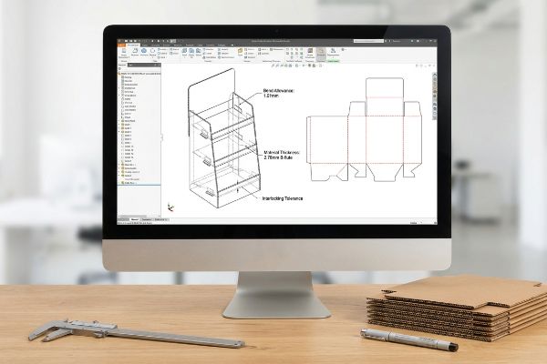 A computer monitor displays CAD software with a 3D retail display wireframe showing 'Bend Allowance: 1.01mm', 'Material Thickness: 2.79mm B-flute', and 'Interlocking Tolerance', next to a 2D dieline, caliper, and corrugated cardboard.