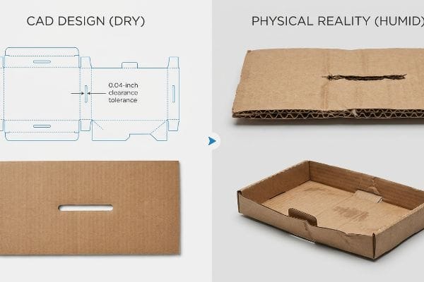 Corrugated cardboard comparison: CAD Design (Dry) dieline with 0.04-inch clearance tolerance vs. swollen Physical Reality (Humid) slot.
