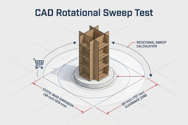 CAD Rotational Sweep Test diagram for a cardboard display, showing a 48-inch (1219 mm) Static Base Dimension and a 68-inch (1727 mm) Clearance Zone, with a shopping cart.