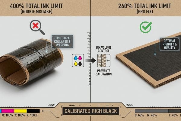 Warped cardboard from 400% Total Ink Limit (Rookie Mistake) vs. rigid board from 260% Pro Fix, showing Calibrated Rich Black.