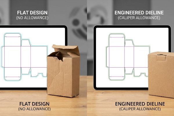 Flat Design (No Allowance) dieline results in a crumpled box, while Engineered Dieline (Caliper Allowance) yields a perfect corrugated box.