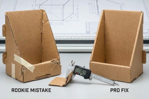 Cardboard POS displays illustrate a 'Rookie Mistake' with torn edges versus a 'Pro Fix' display, highlighting a digital caliper measuring 1.5 mm bend allowance.
