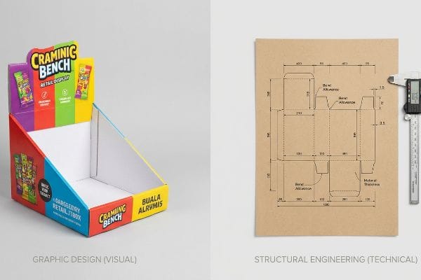 A Craminic Bench retail display and a structural engineering die-line with a digital caliper, illustrating graphic design versus technical packaging.