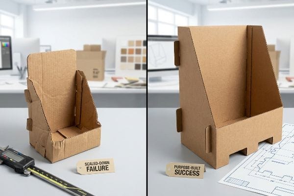 Corrugated displays: 'Scaled-Down Failure' with caliper, 'Purpose-Built Success' with blueprints. Engineering comparison.