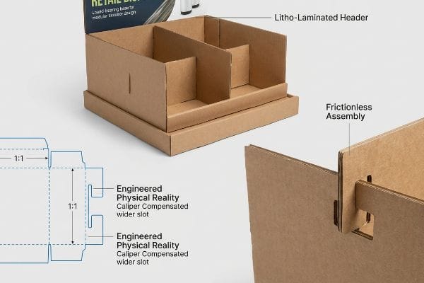 Brown corrugated retail display showing a Litho-Laminated Header, Frictionless Assembly, and dieline for Caliper Compensated wider slots.