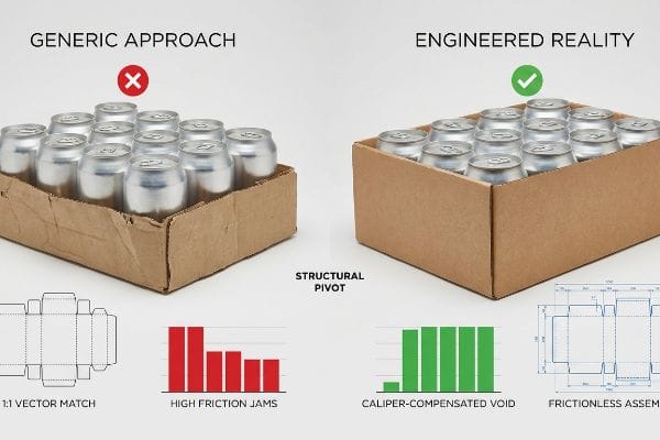 Damaged 'Generic Approach' packaging with 'High Friction Jams' and '1:1 Vector Match' contrasts with sturdy 'Engineered Reality' showing 'Caliper-Compensated Void' and 'Frictionless Assembly' for beverage cans.
