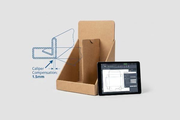 Brown corrugated cardboard PDQ display alongside a tablet showing a CAD dieline, highlighting Caliper Compensation: 1.5mm for precise structural fit.
