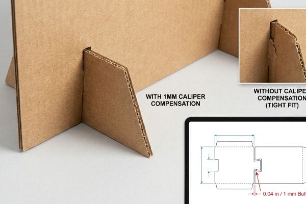Corrugated cardboard standee joint demonstrating a clean fit With 1mm Caliper Compensation versus a tearing, tight fit Without Caliper Compensation, alongside a diagram showing 0.04 In / 1 Mm Buffer.